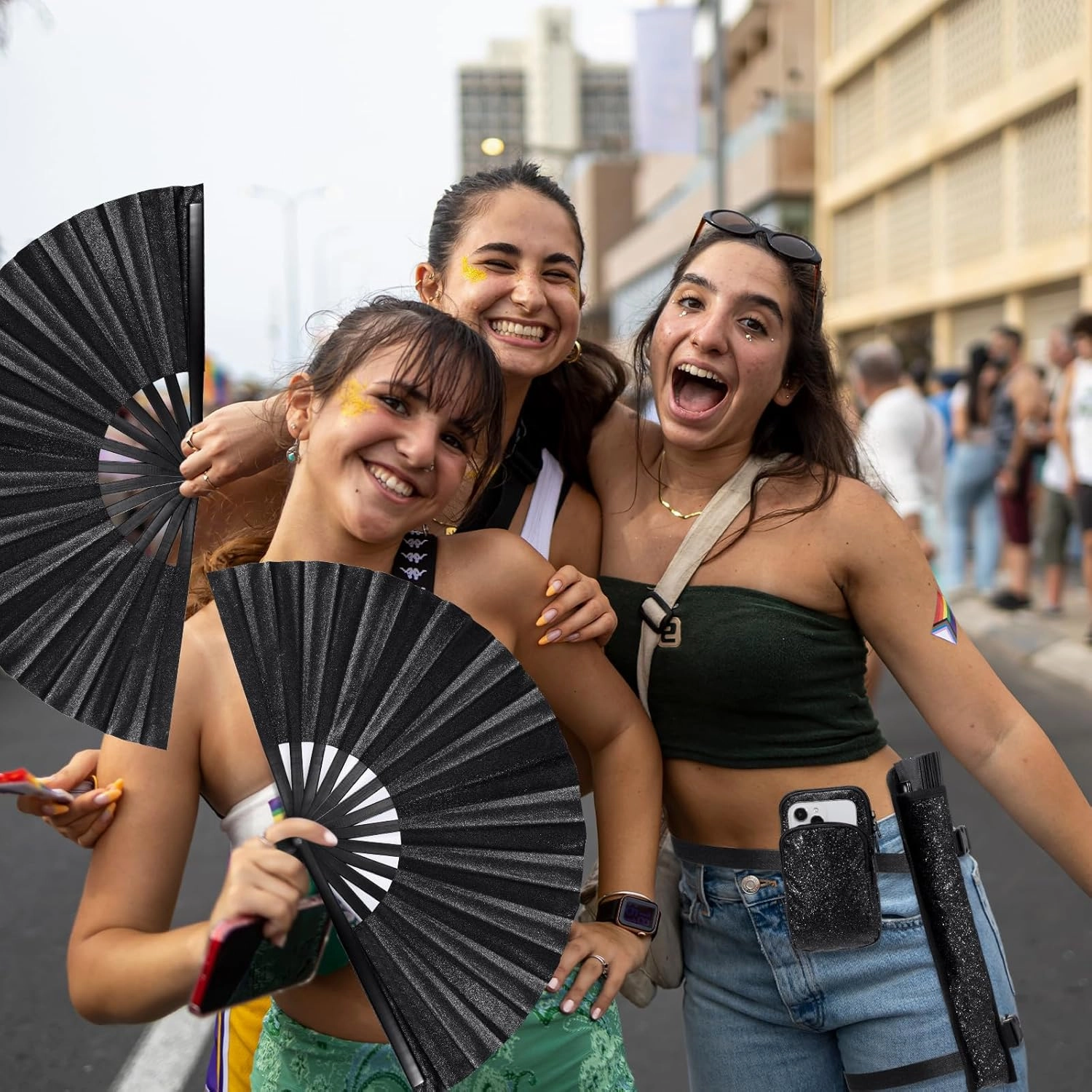 3 Pcs Glitter Rave Fan Accessories for Women Includes Rave Fan Cell Phone Bag Holder with Arm/Leg Band Belt for Music Raves EDM Festival Club Dance Circuit Parties