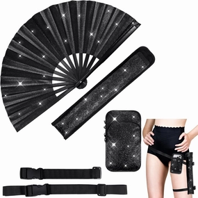 3 Pcs Glitter Rave Fan Accessories for Women Includes Rave Fan Cell Phone Bag Holder with Arm/Leg Band Belt for Music Raves EDM Festival Club Dance Circuit Parties