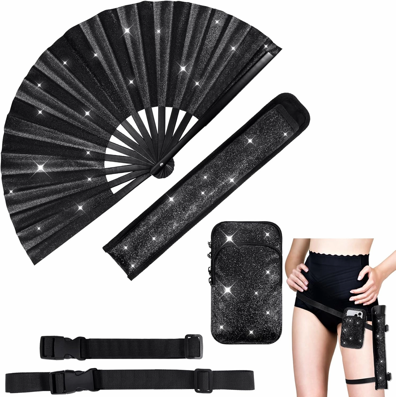 3 Pcs Glitter Rave Fan Accessories for Women Includes Rave Fan Cell Phone Bag Holder with Arm/Leg Band Belt for Music Raves EDM Festival Club Dance Circuit Parties
