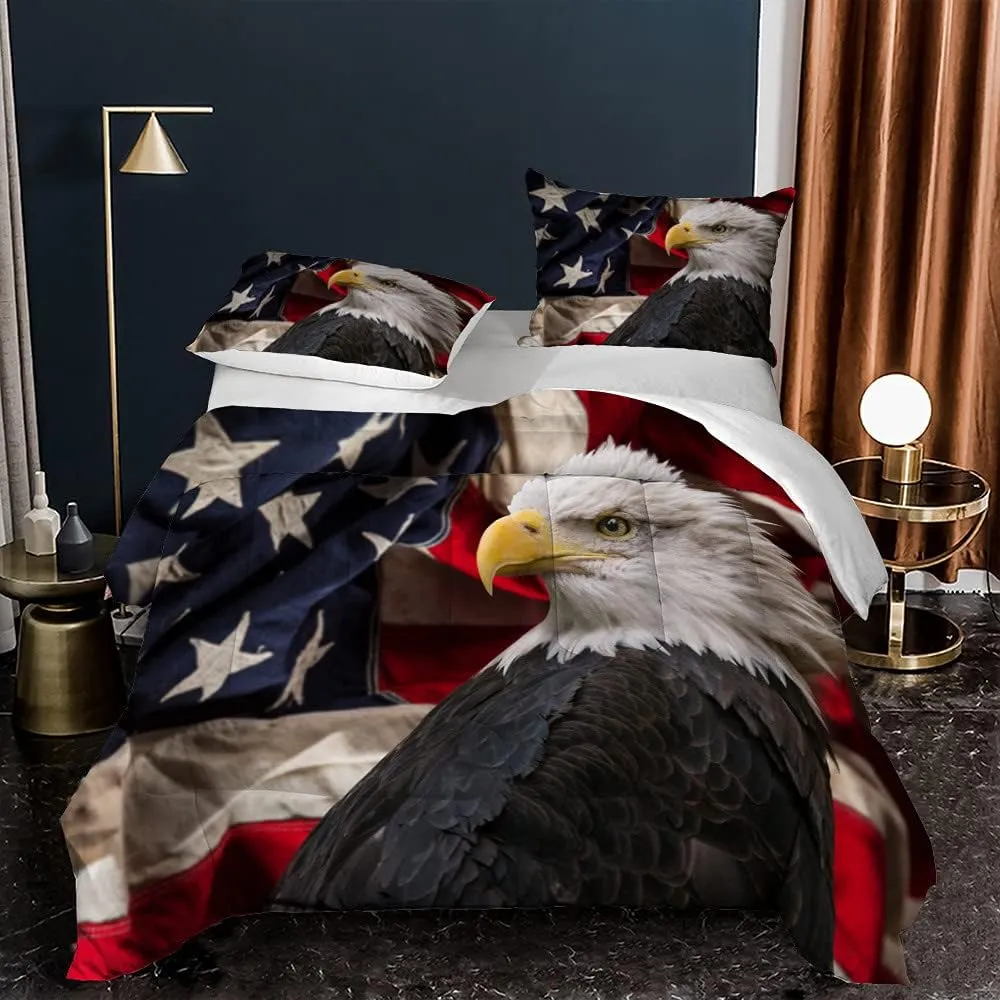 3D American Style Bedding Set for Kids, Bald Eagle Ultra Soft All Seasons Comforter Set Star Spangled Banner Bed Set 1 Comforter 2 Pillowcases (Twin)