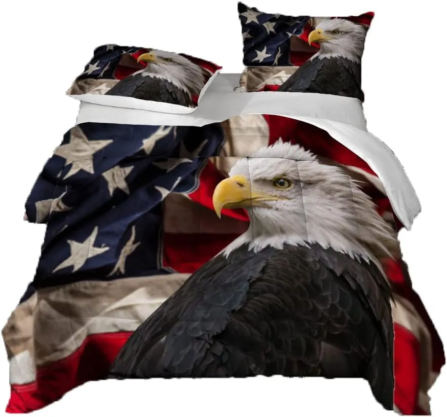 3D American Style Bedding Set for Kids, Bald Eagle Ultra Soft All Seasons Comforter Set Star Spangled Banner Bed Set 1 Comforter 2 Pillowcases (Twin)