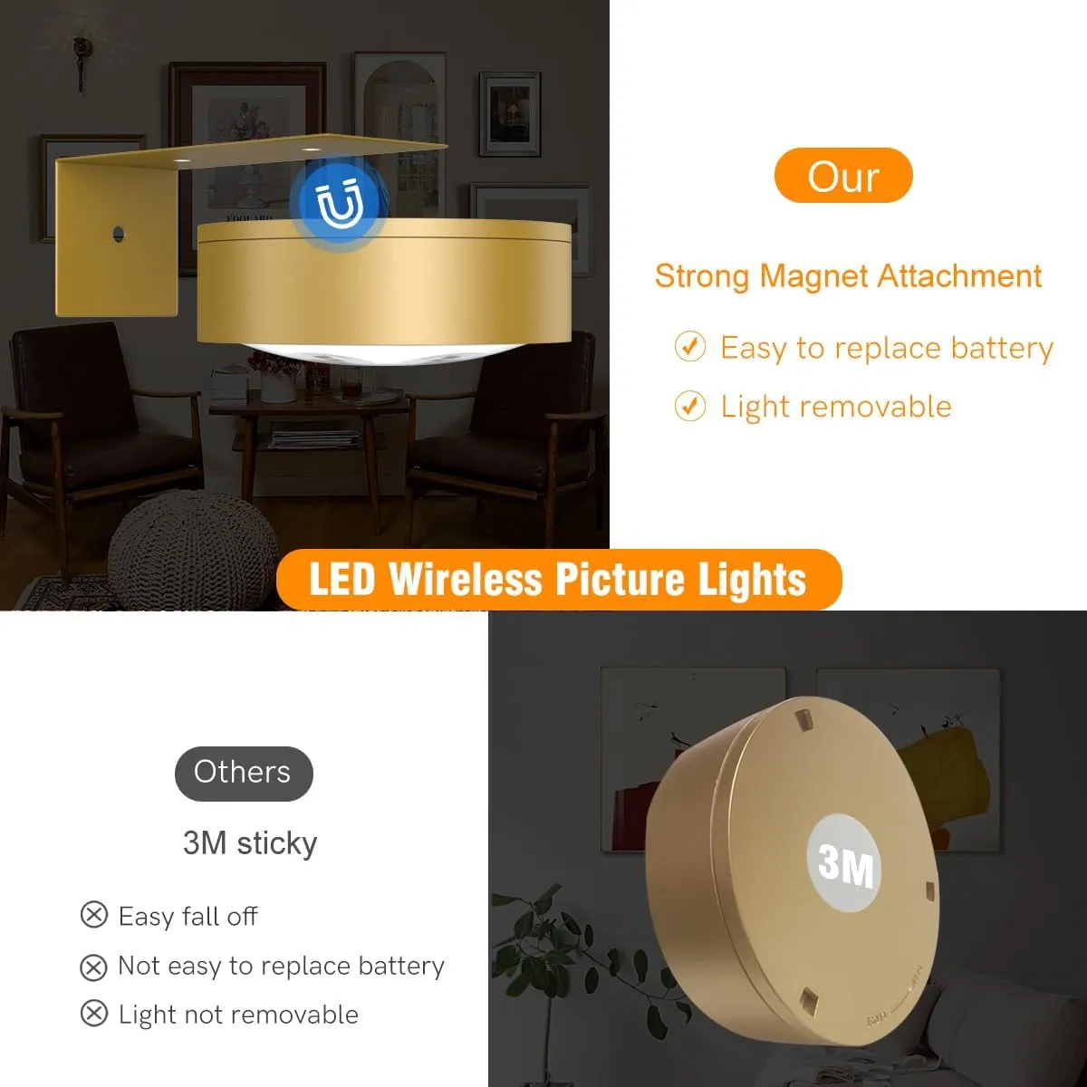 3Pack Picture Light Battery Operated Painting Lights for Wall Wireless Magnetic Display Art Light with Remote Control,Dimmable&Timer Portrait Light for Art Frame Artworking,Wall Decor Puck Lights-Gold