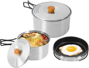 3pcs Camping Cookware Kit W/Storage Bag, Camping Cookware Set, 304 Stainless Steel Camping Pots & Pans Set, Silver Campfire Cooking Equipment, Portable Non-Stick Camping Cooking Set for Beach Trips