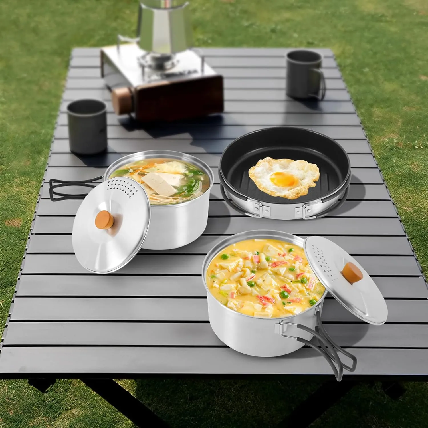 3pcs Camping Cookware Kit W/Storage Bag, Camping Cookware Set, 304 Stainless Steel Camping Pots & Pans Set, Silver Campfire Cooking Equipment, Portable Non-Stick Camping Cooking Set for Beach Trips