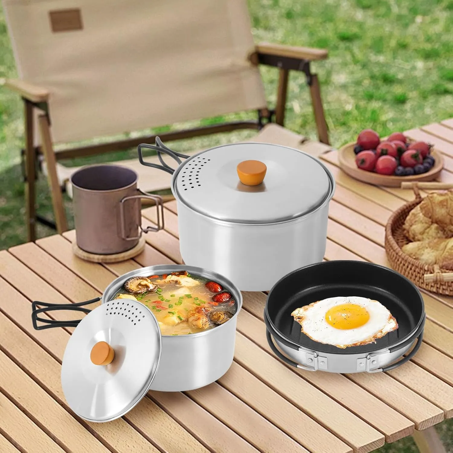 3pcs Camping Cookware Kit W/Storage Bag, Camping Cookware Set, 304 Stainless Steel Camping Pots & Pans Set, Silver Campfire Cooking Equipment, Portable Non-Stick Camping Cooking Set for Beach Trips