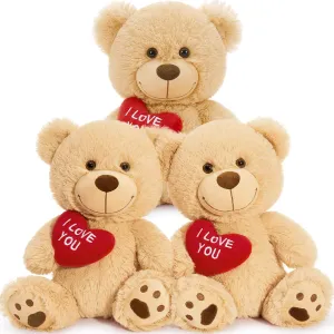 3Pcs Valentines Bulk Teddy Bear with Heart, Cute Brown Teddy Bear Stuffed Animals, 12" Soft Bear Plushie Toy Stuffed Bear Plush Gifts for Girlfriend Kid