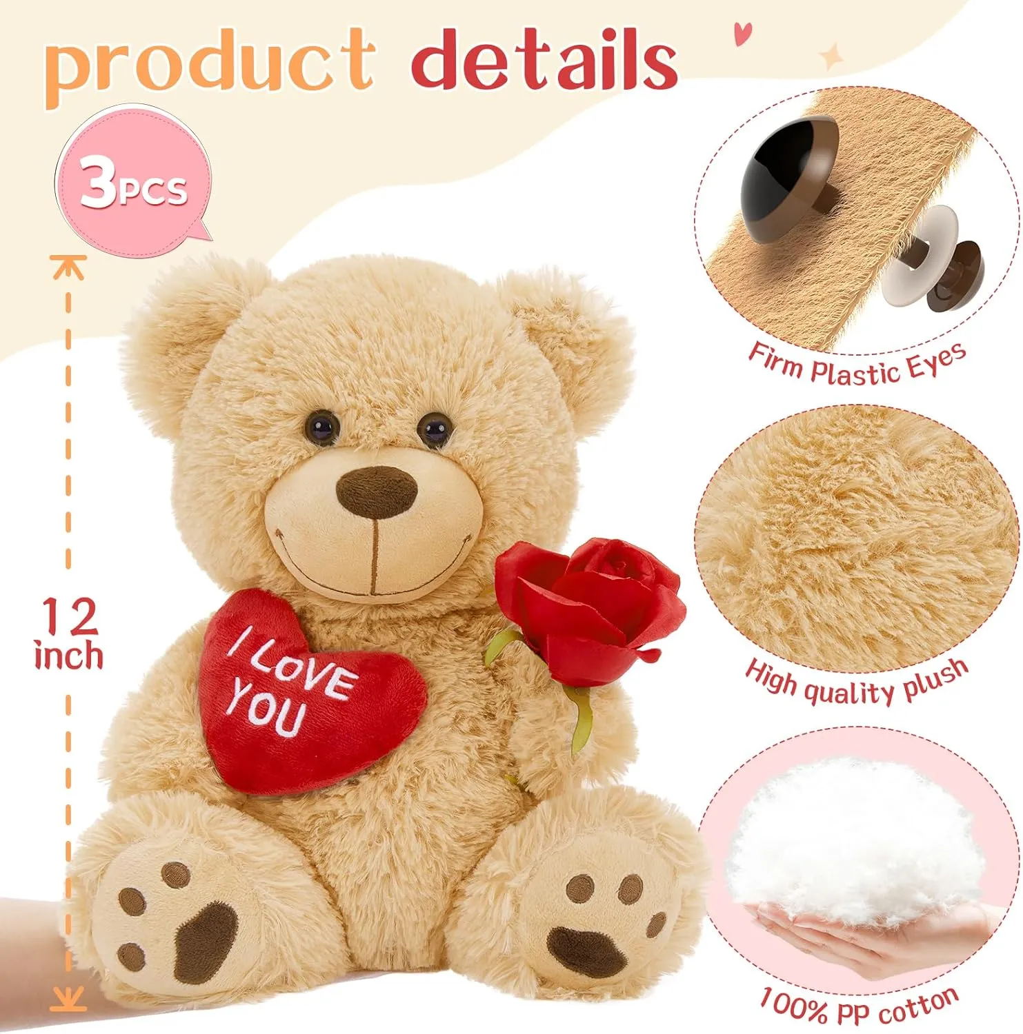 3Pcs Valentines Bulk Teddy Bear with Heart, Cute Brown Teddy Bear Stuffed Animals, 12" Soft Bear Plushie Toy Stuffed Bear Plush Gifts for Girlfriend Kid