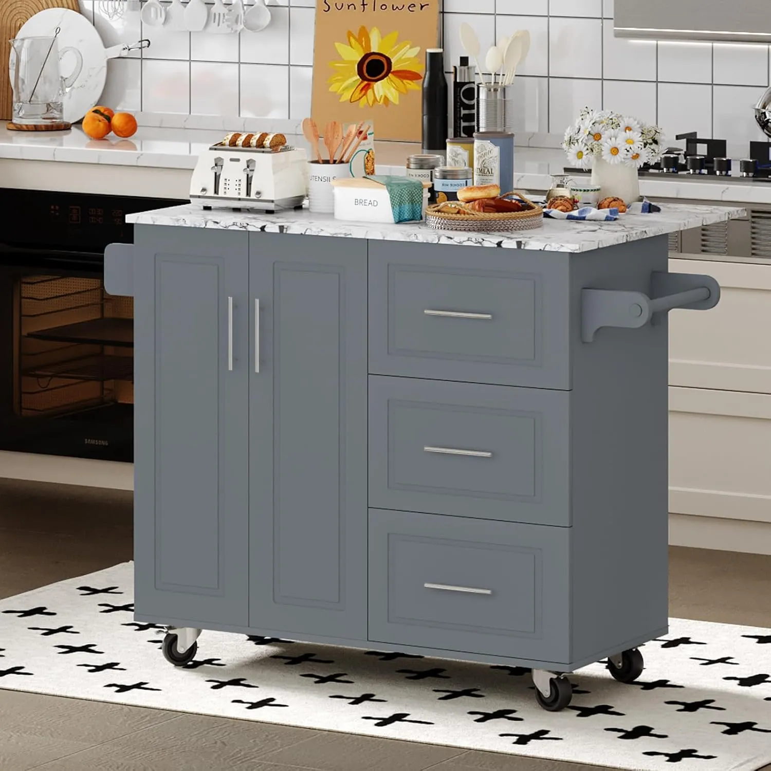 4 EVER WINNER Rolling Kitchen Island with Storage and Drop Leaf, White Marble Tabletop, 43" Kitchen Carts on Wheels with Towel Rack & Spice Rack, Portable Islands for Kitchen, Gray
