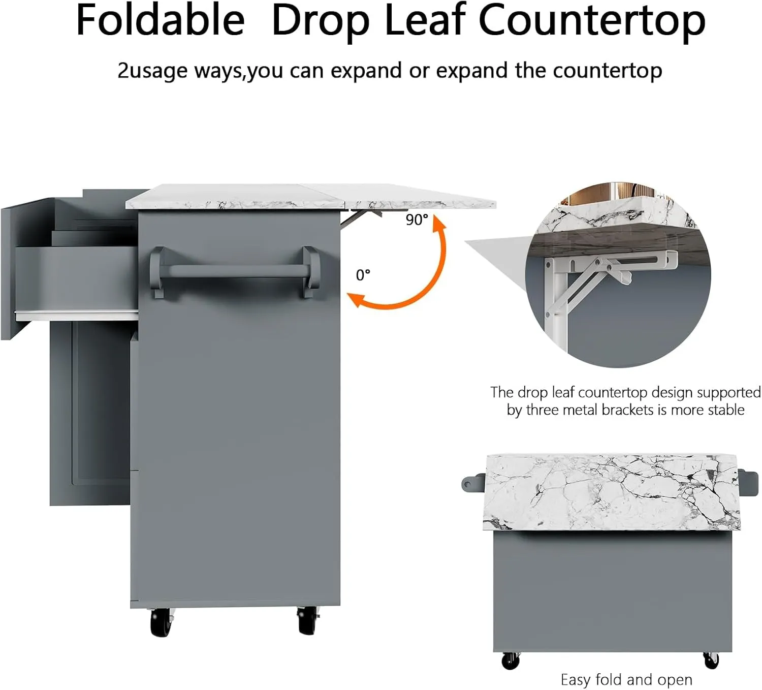 4 EVER WINNER Rolling Kitchen Island with Storage and Drop Leaf, White Marble Tabletop, 43" Kitchen Carts on Wheels with Towel Rack & Spice Rack, Portable Islands for Kitchen, Gray