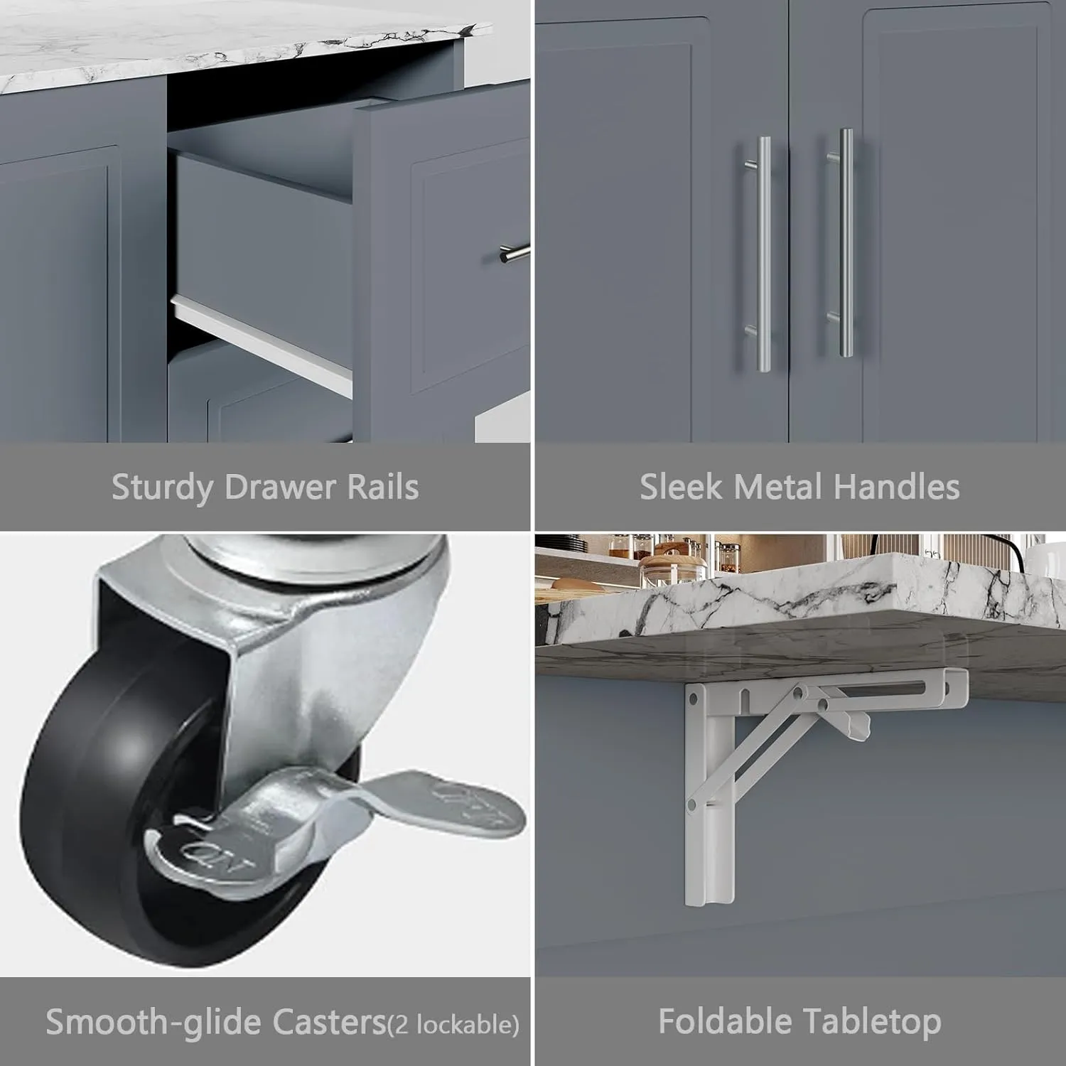 4 EVER WINNER Rolling Kitchen Island with Storage and Drop Leaf, White Marble Tabletop, 43" Kitchen Carts on Wheels with Towel Rack & Spice Rack, Portable Islands for Kitchen, Gray