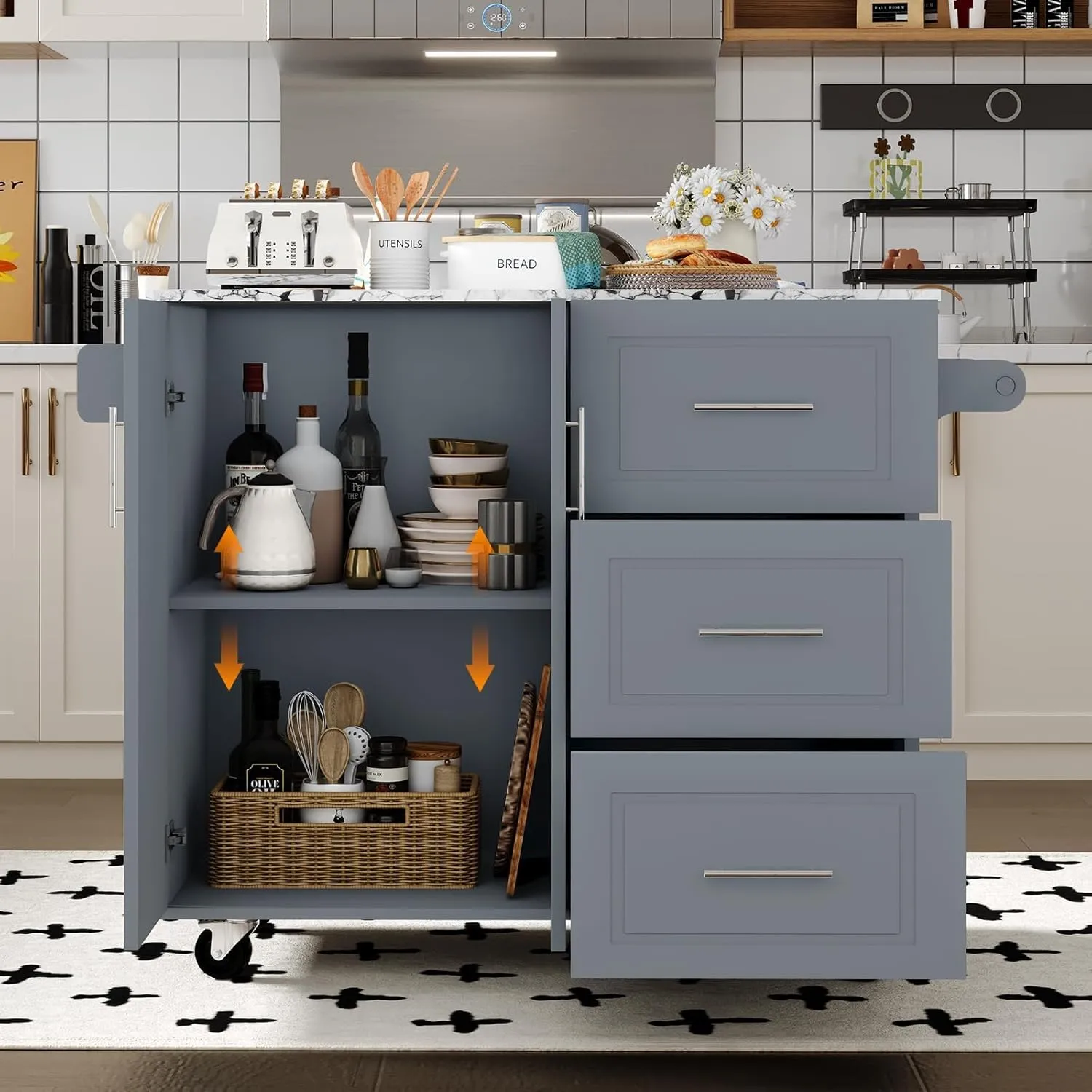 4 EVER WINNER Rolling Kitchen Island with Storage and Drop Leaf, White Marble Tabletop, 43" Kitchen Carts on Wheels with Towel Rack & Spice Rack, Portable Islands for Kitchen, Gray