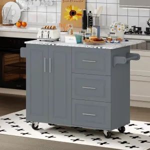 4 EVER WINNER Rolling Kitchen Island with Storage and Drop Leaf, White Marble Tabletop, 43" Kitchen Carts on Wheels with Towel Rack & Spice Rack, Portable Islands for Kitchen, Gray