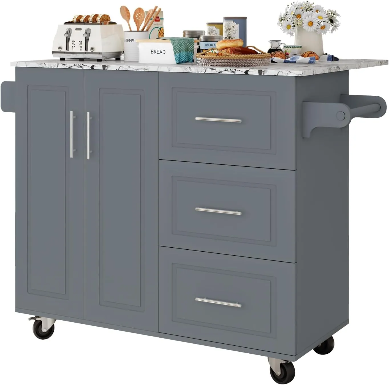 4 EVER WINNER Rolling Kitchen Island with Storage and Drop Leaf, White Marble Tabletop, 43" Kitchen Carts on Wheels with Towel Rack & Spice Rack, Portable Islands for Kitchen, Gray