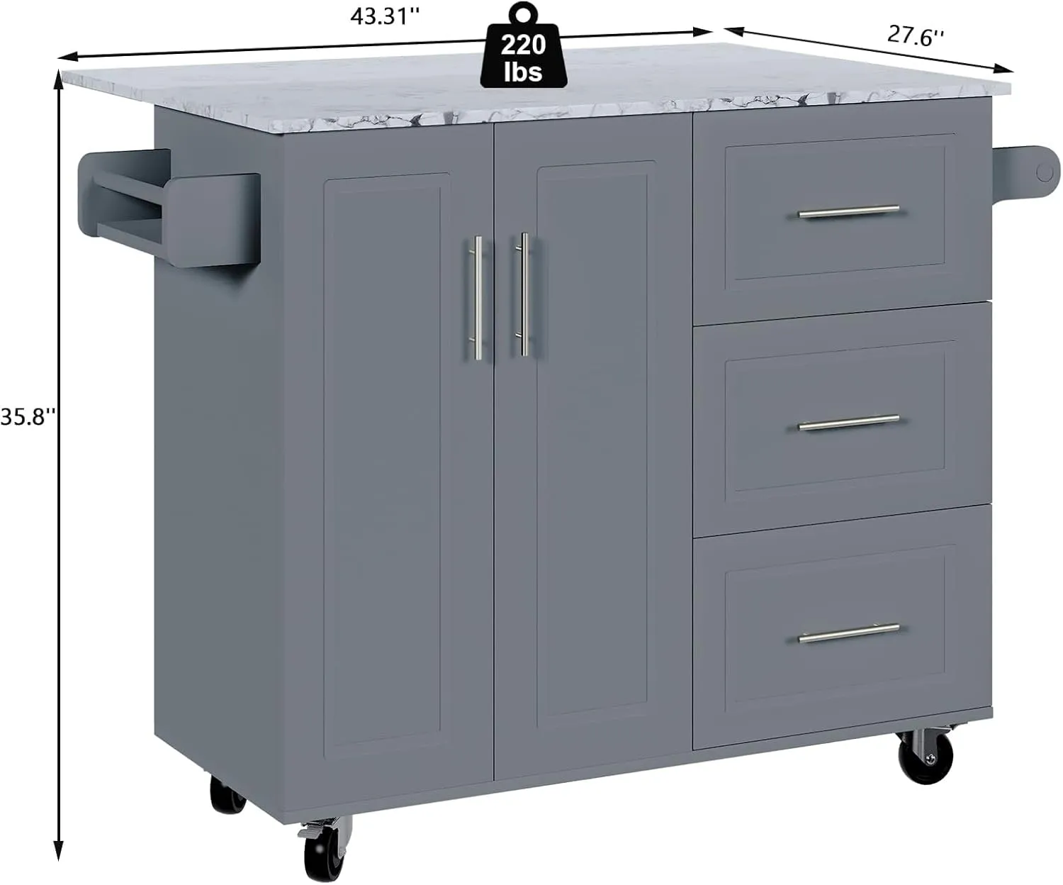 4 EVER WINNER Rolling Kitchen Island with Storage and Drop Leaf, White Marble Tabletop, 43" Kitchen Carts on Wheels with Towel Rack & Spice Rack, Portable Islands for Kitchen, Gray