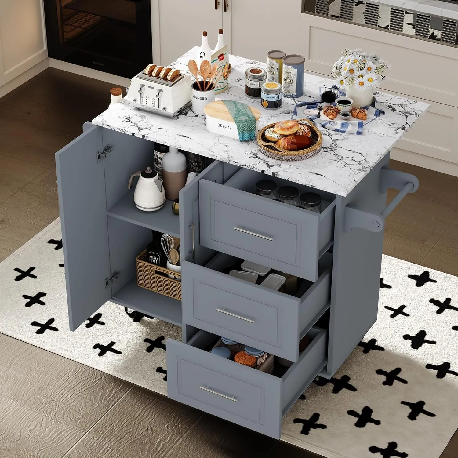4 EVER WINNER Rolling Kitchen Island with Storage and Drop Leaf, White Marble Tabletop, 43" Kitchen Carts on Wheels with Towel Rack & Spice Rack, Portable Islands for Kitchen, Gray