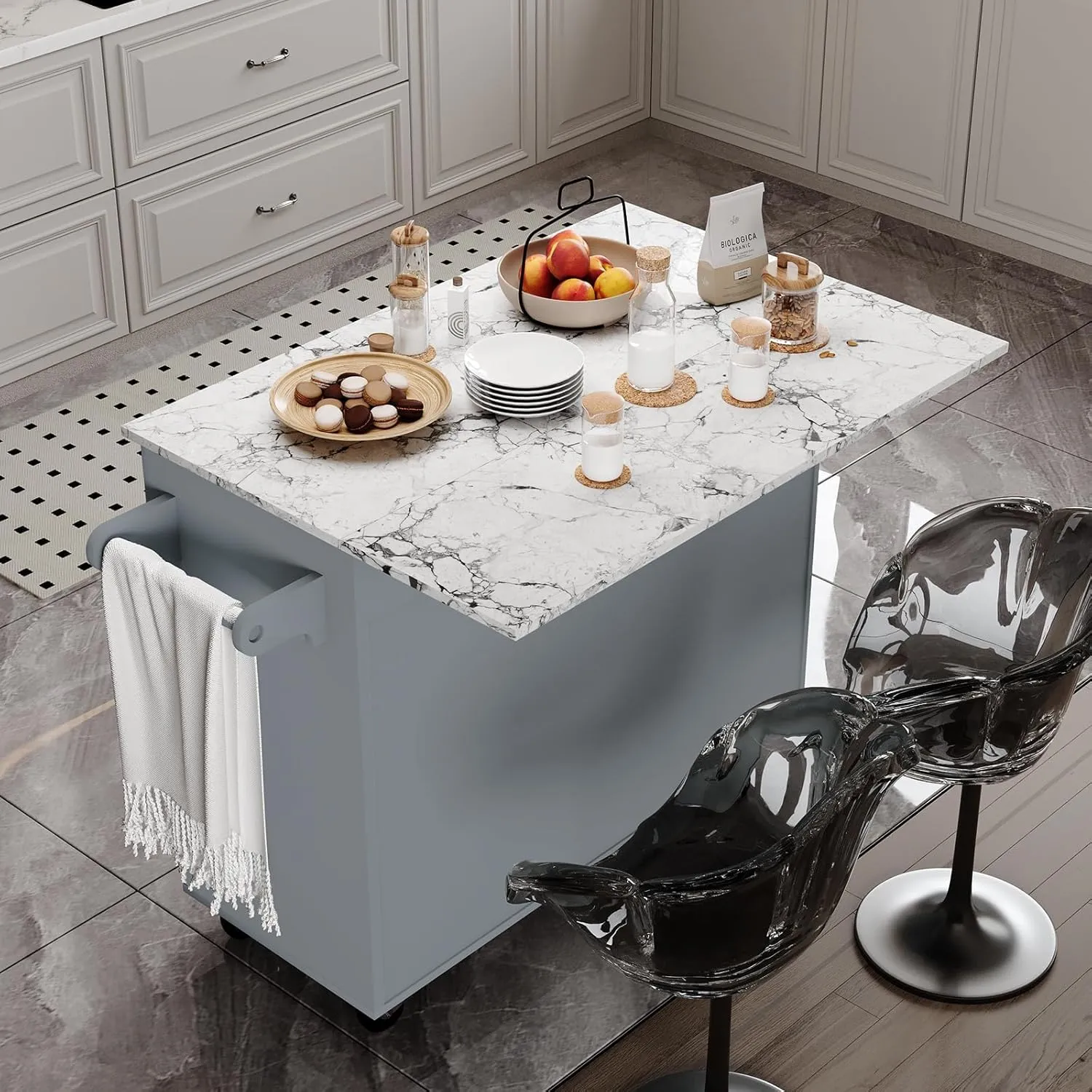 4 EVER WINNER Rolling Kitchen Island with Storage and Drop Leaf, White Marble Tabletop, 43" Kitchen Carts on Wheels with Towel Rack & Spice Rack, Portable Islands for Kitchen, Gray