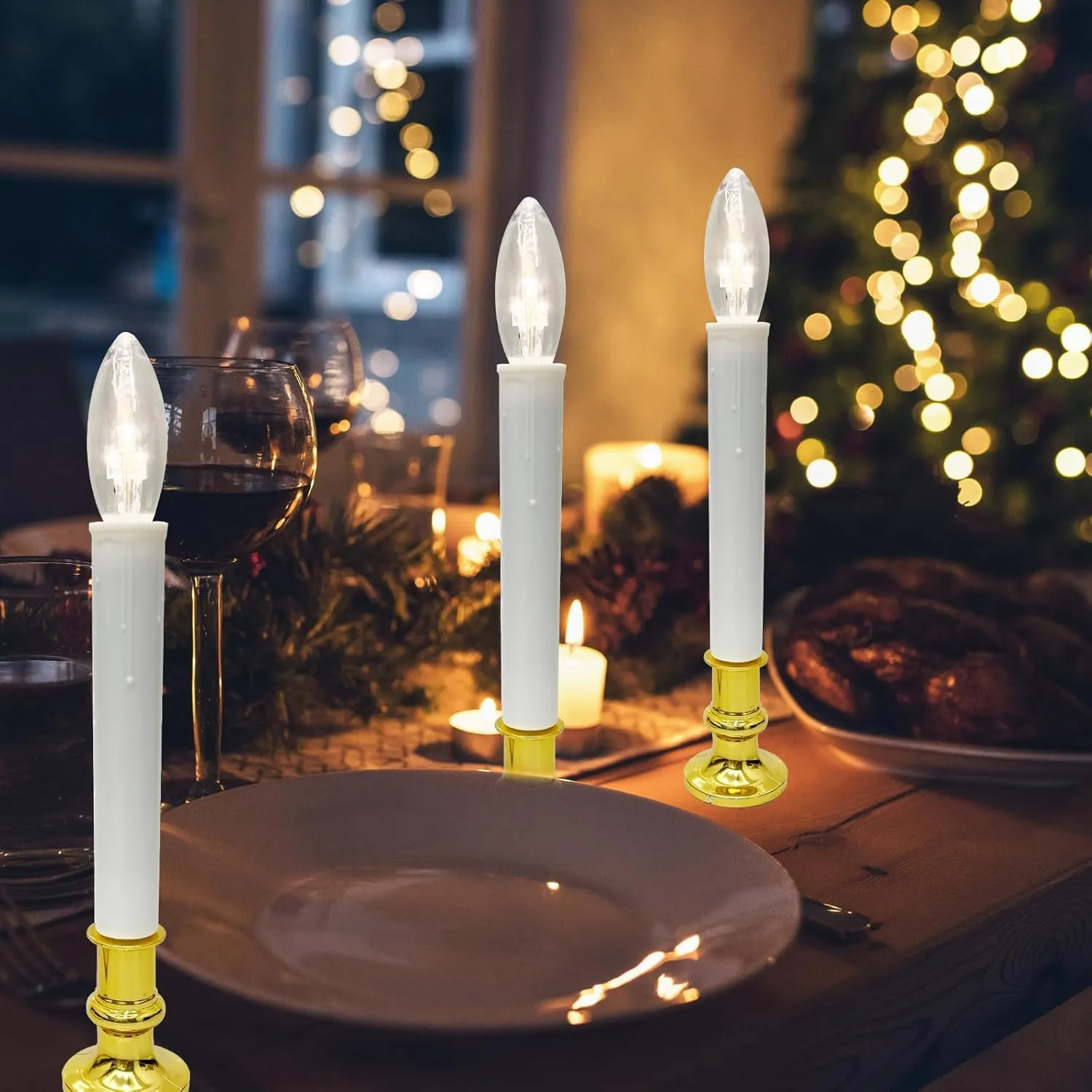 4 Pack Christmas Battery Operated LED Window Candles with Timer, Christmas Window Candles Lights with 3V Ultra-Bright LED Bulbs for Halloween Decorations Indoor Windows Mantels Table , 4 Suction Cups