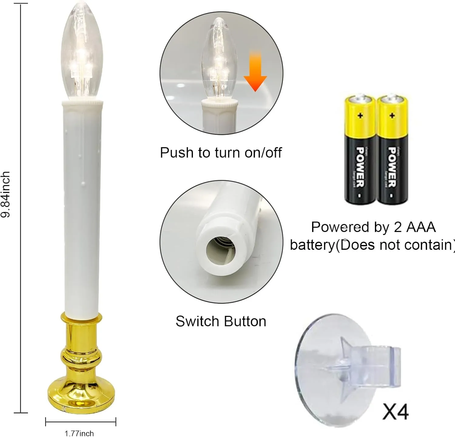 4 Pack Christmas Battery Operated LED Window Candles with Timer, Christmas Window Candles Lights with 3V Ultra-Bright LED Bulbs for Halloween Decorations Indoor Windows Mantels Table , 4 Suction Cups