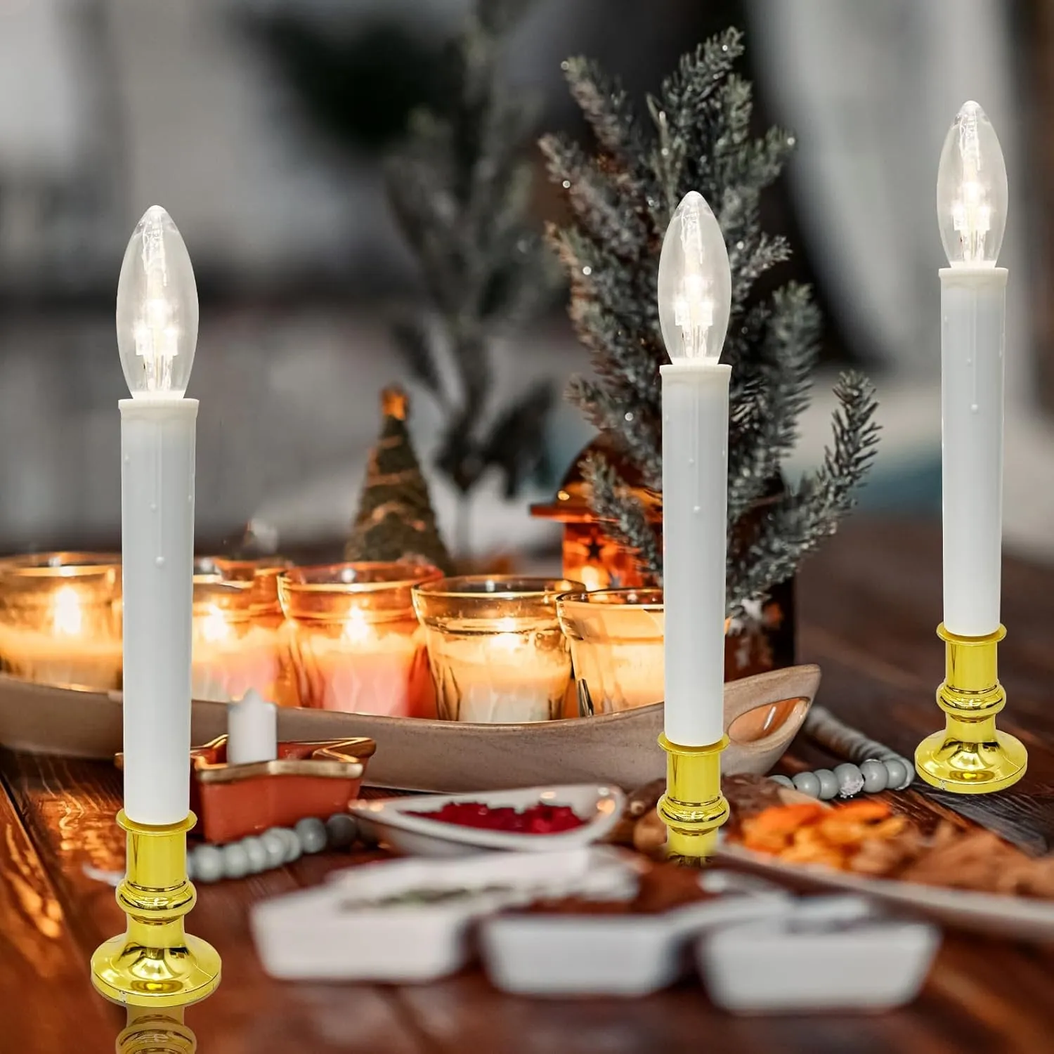 4 Pack Christmas Battery Operated LED Window Candles with Timer, Christmas Window Candles Lights with 3V Ultra-Bright LED Bulbs for Halloween Decorations Indoor Windows Mantels Table , 4 Suction Cups