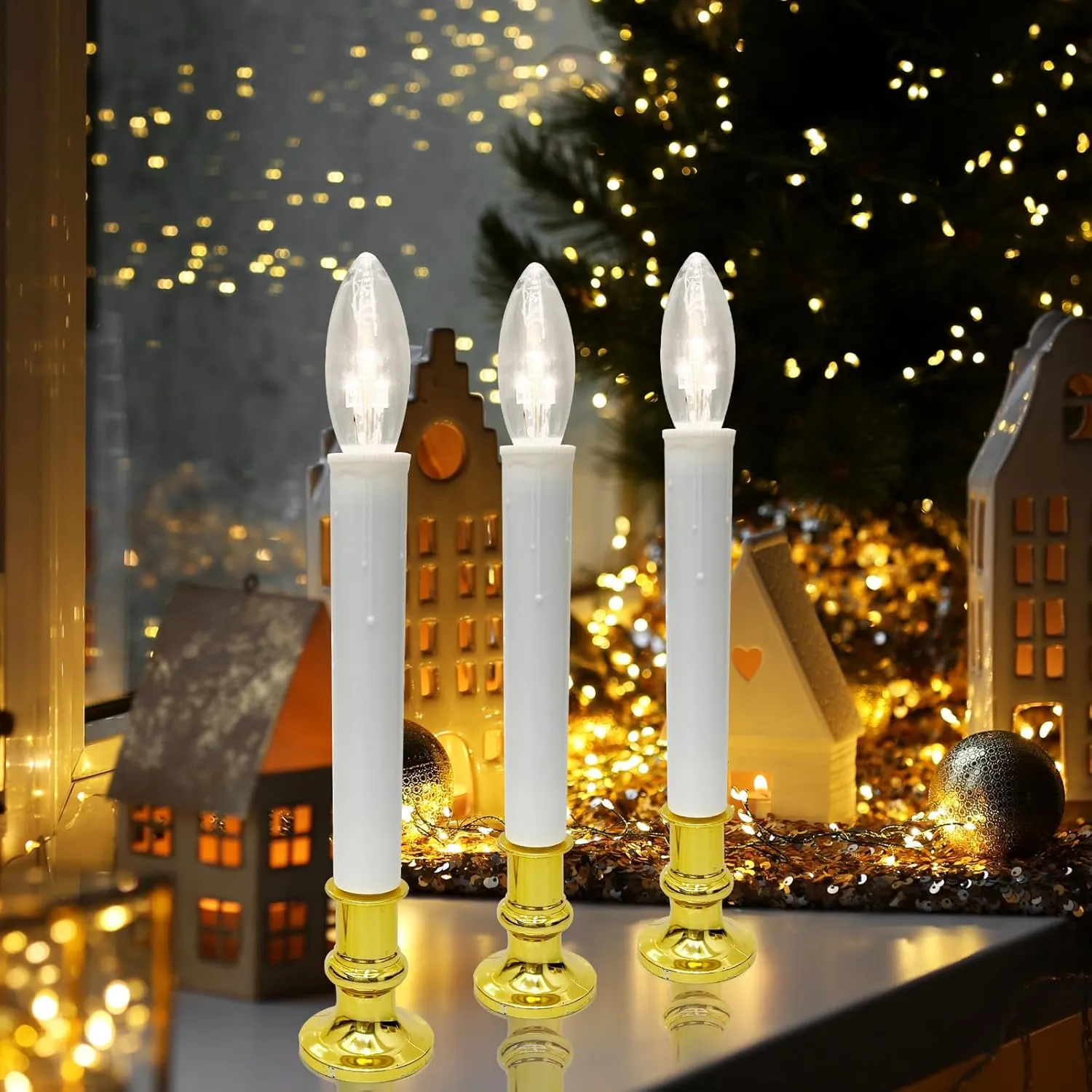 4 Pack Christmas Battery Operated LED Window Candles with Timer, Christmas Window Candles Lights with 3V Ultra-Bright LED Bulbs for Halloween Decorations Indoor Windows Mantels Table , 4 Suction Cups