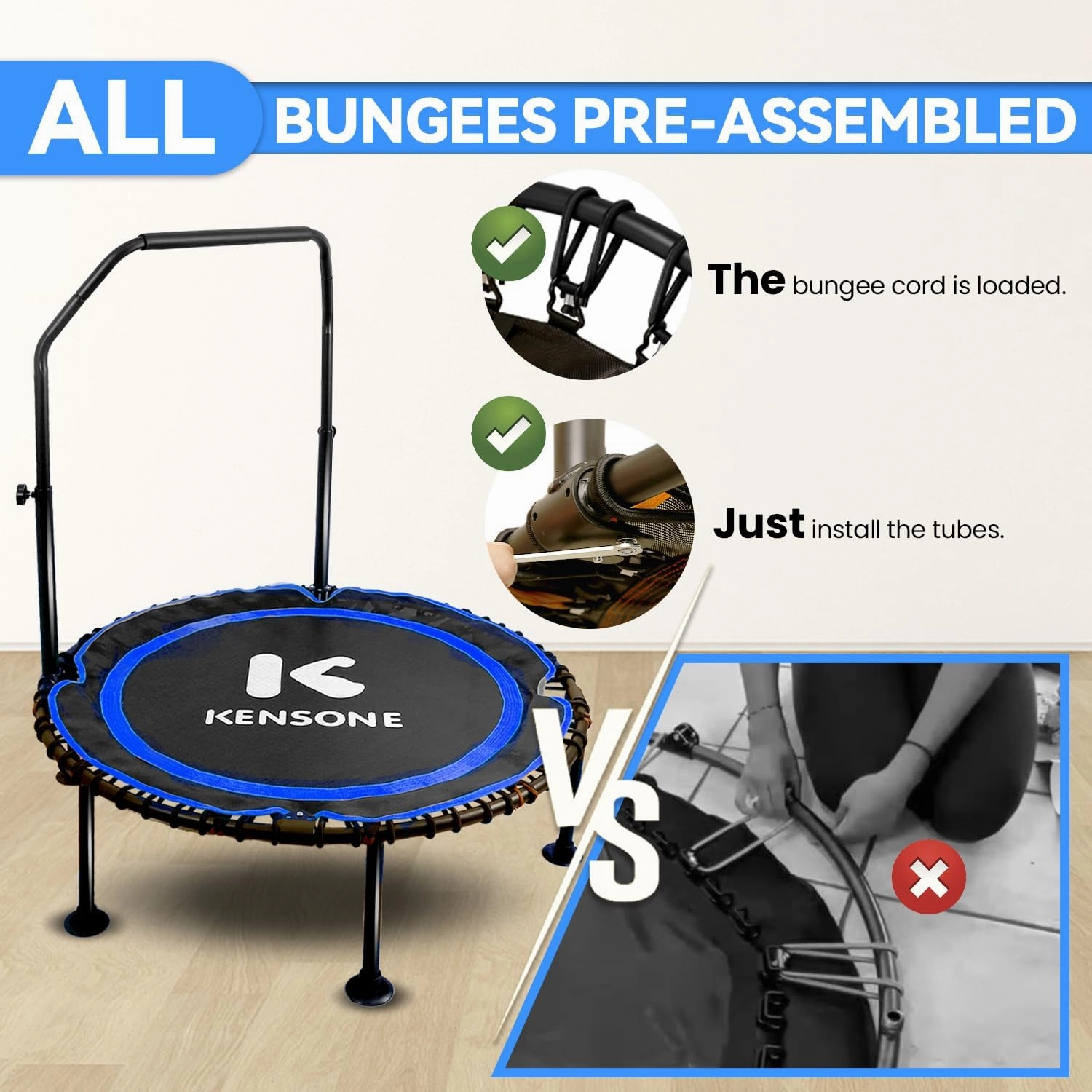 40/48" Mini Rebounder for Adults with Bungee Cords, 450/550LBS Quiet Indoor Exercise Trampoline with Adjustable Foam Handle Bar for Gym Workout, Home Fitness