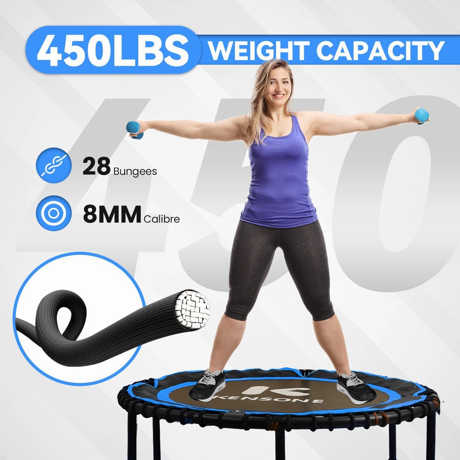 40/48" Mini Rebounder for Adults with Bungee Cords, 450/550LBS Quiet Indoor Exercise Trampoline with Adjustable Foam Handle Bar for Gym Workout, Home Fitness