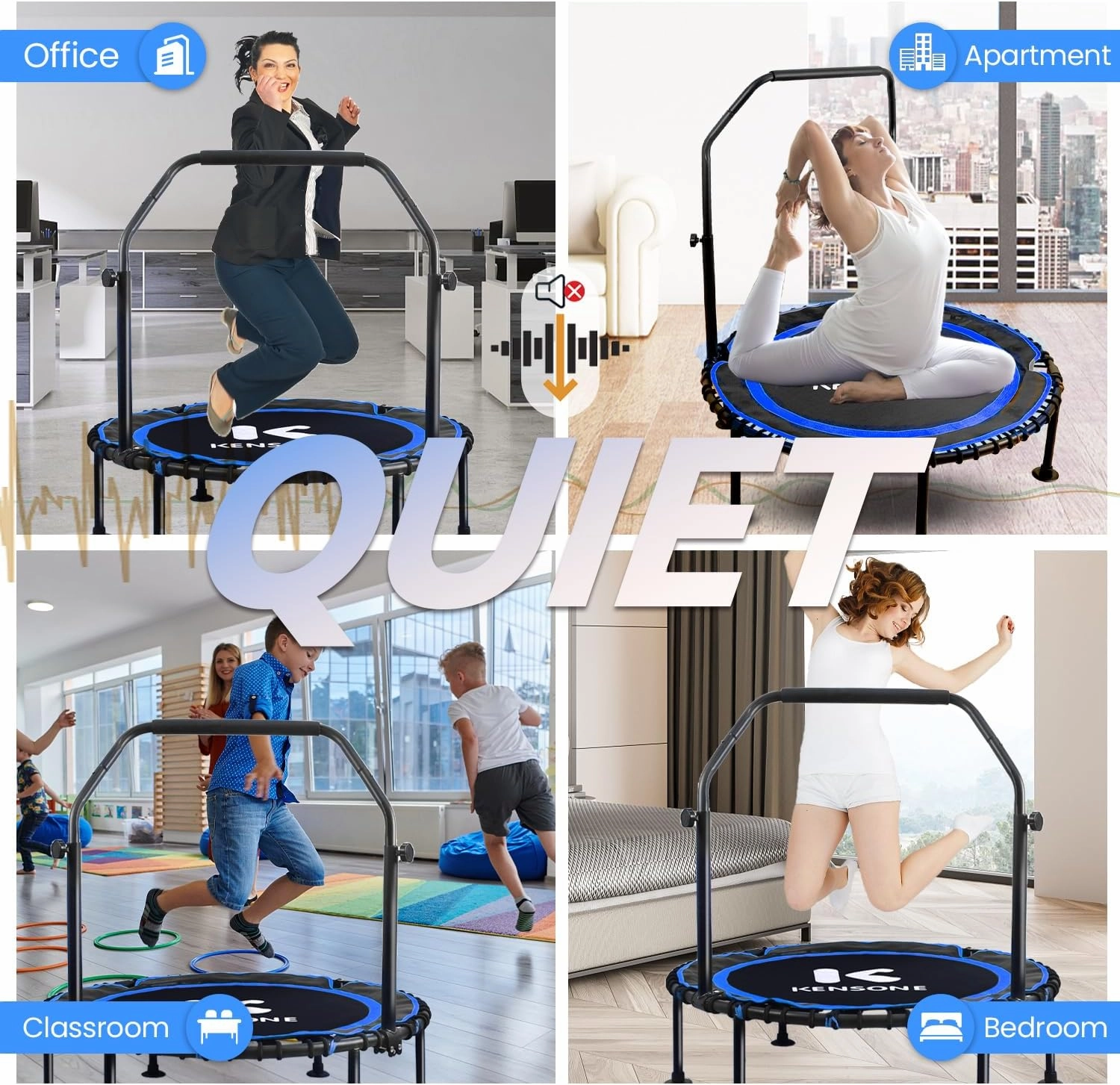 40/48" Mini Rebounder for Adults with Bungee Cords, 450/550LBS Quiet Indoor Exercise Trampoline with Adjustable Foam Handle Bar for Gym Workout, Home Fitness