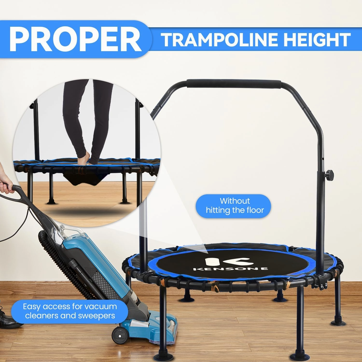40/48" Mini Rebounder for Adults with Bungee Cords, 450/550LBS Quiet Indoor Exercise Trampoline with Adjustable Foam Handle Bar for Gym Workout, Home Fitness