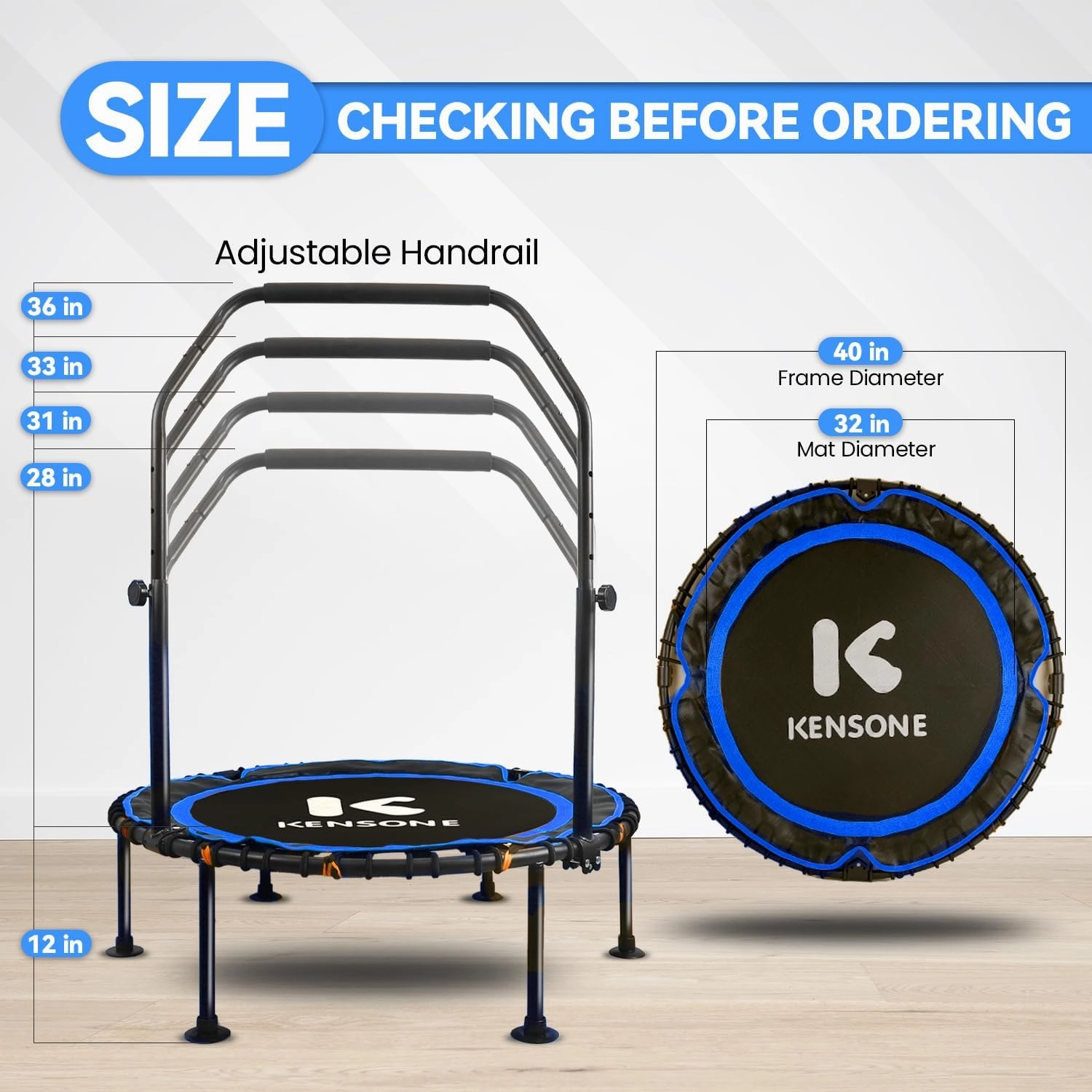 40/48" Mini Rebounder for Adults with Bungee Cords, 450/550LBS Quiet Indoor Exercise Trampoline with Adjustable Foam Handle Bar for Gym Workout, Home Fitness