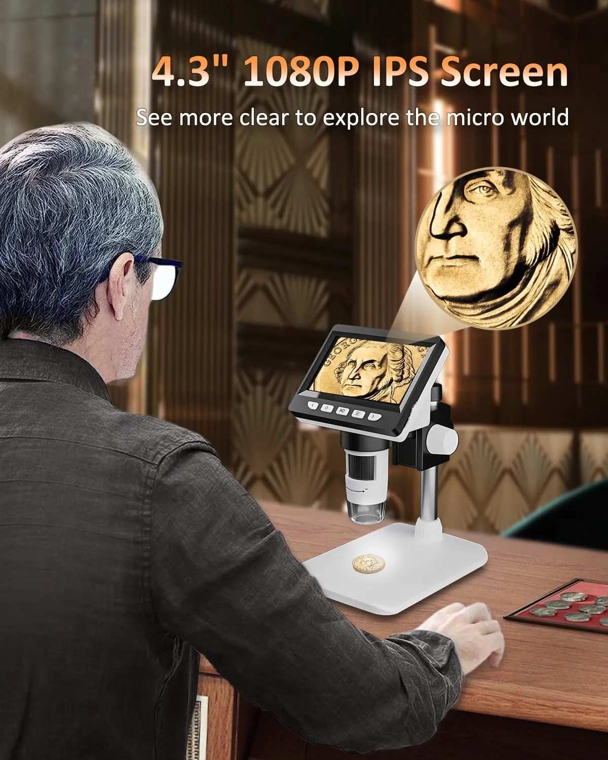 4.3" Coin Microscope - Aopick LCD Digital Microscope 1000X, 1080P USB Coin Magnifier for Error Coins with 8 Adjustable LED Lights, PC View, Compatible with MacOS Windows