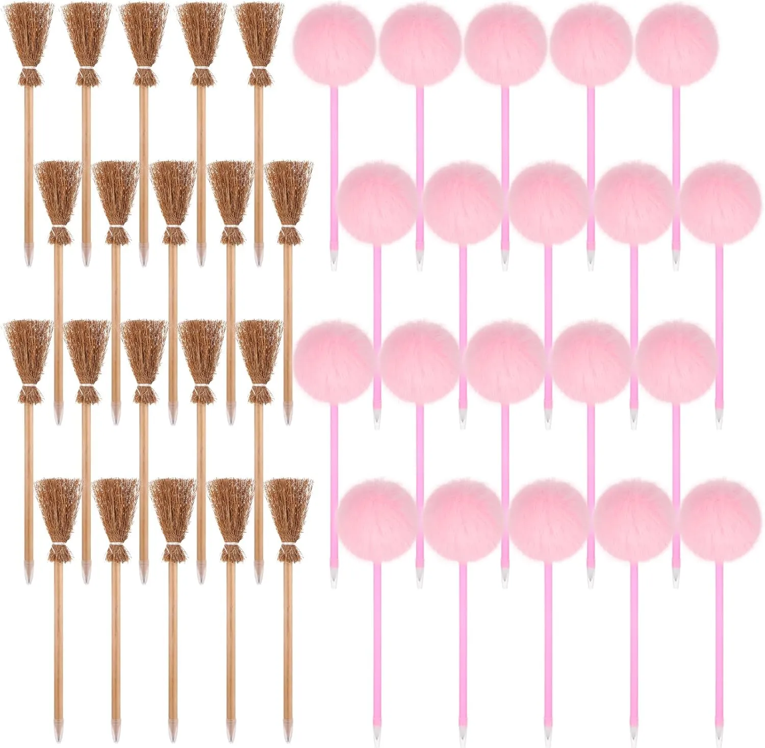 48 Pack Witch Party Favors Bulk Including Pack Pink Pom Pom Pens Fluffy Ballpoint Pens Pack Wicked Broom Wand Pencils for Halloween Party Decorations Witch Cosplay Supplies