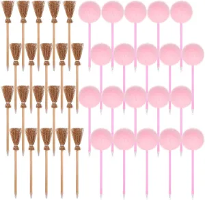 48 Pack Witch Party Favors Bulk Including Pack Pink Pom Pom Pens Fluffy Ballpoint Pens Pack Wicked Broom Wand Pencils for Halloween Party Decorations Witch Cosplay Supplies