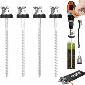 4 Pcs 10" Drillable Threaded Long Hook Top Packs Tent Stakes, Heavy Duty Hardened Steel Ground Pegs for Grassland Garden Tents Canopies Awnings Camping Travel (Hex Tool and Storage Bag)