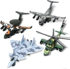 4PCS Army Airplane Toys Set-Diecast Aircraft Plane Model Kit Military Fighter Jet Playset Helicopter Camouflage Pull Back Aircraft Kids Play Vehicle for 3 Year Old Boys Girls