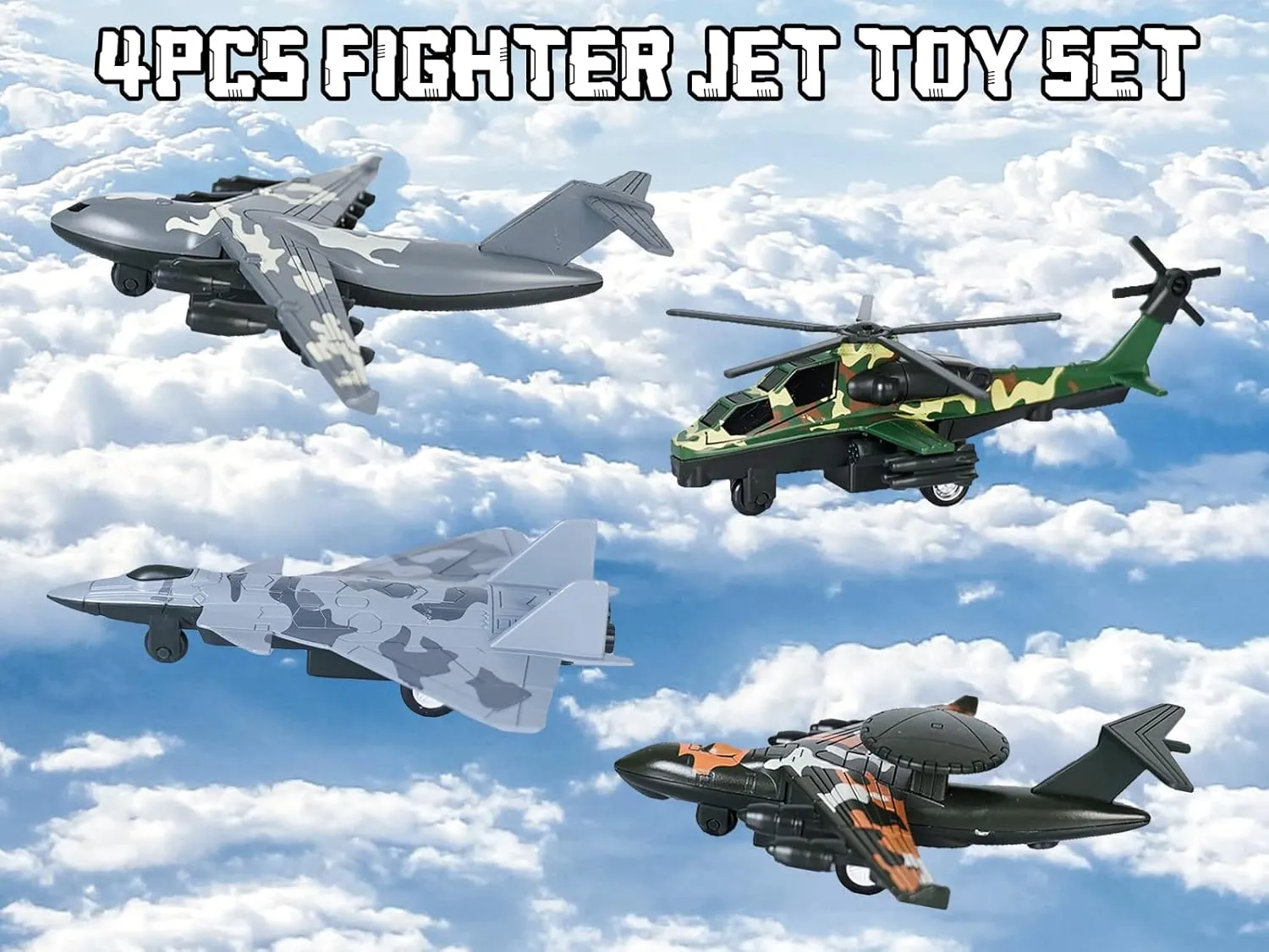 4PCS Army Airplane Toys Set-Diecast Aircraft Plane Model Kit Military Fighter Jet Playset Helicopter Camouflage Pull Back Aircraft Kids Play Vehicle for 3 Year Old Boys Girls