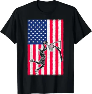 4th of July Basketball Player Patriotic USA Flag Hoop Dunk T-Shirt