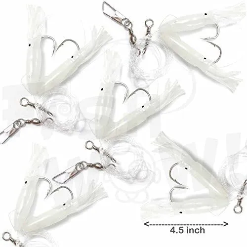 5 Packs - 4.5" Fishing Ling Cod Rig Twin Bulb Squids Rockfish lingcod Soft Lure - Glow in The Dark
