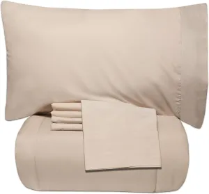 5 Piece Queen Comforter Set All Season Soft Down Alternative Blanket & Luxurious Cotton Fits Mattress Up to 18" Deep Pocket Bed 4 Piece Sheet Set Beige