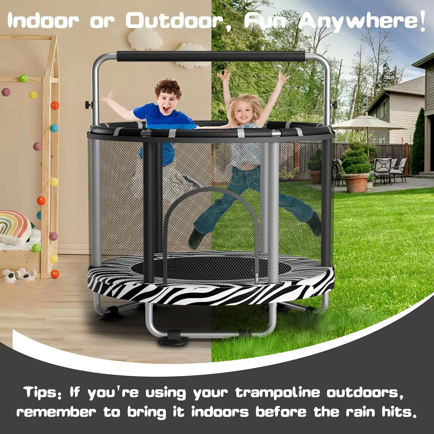 55" Trampoline for Kids with Enclosure, 440lbs Capacity Indoor & Outdoor Toddler Trampoline with Adjustable Gymnastics Bar & Toys, for Boys & Girls