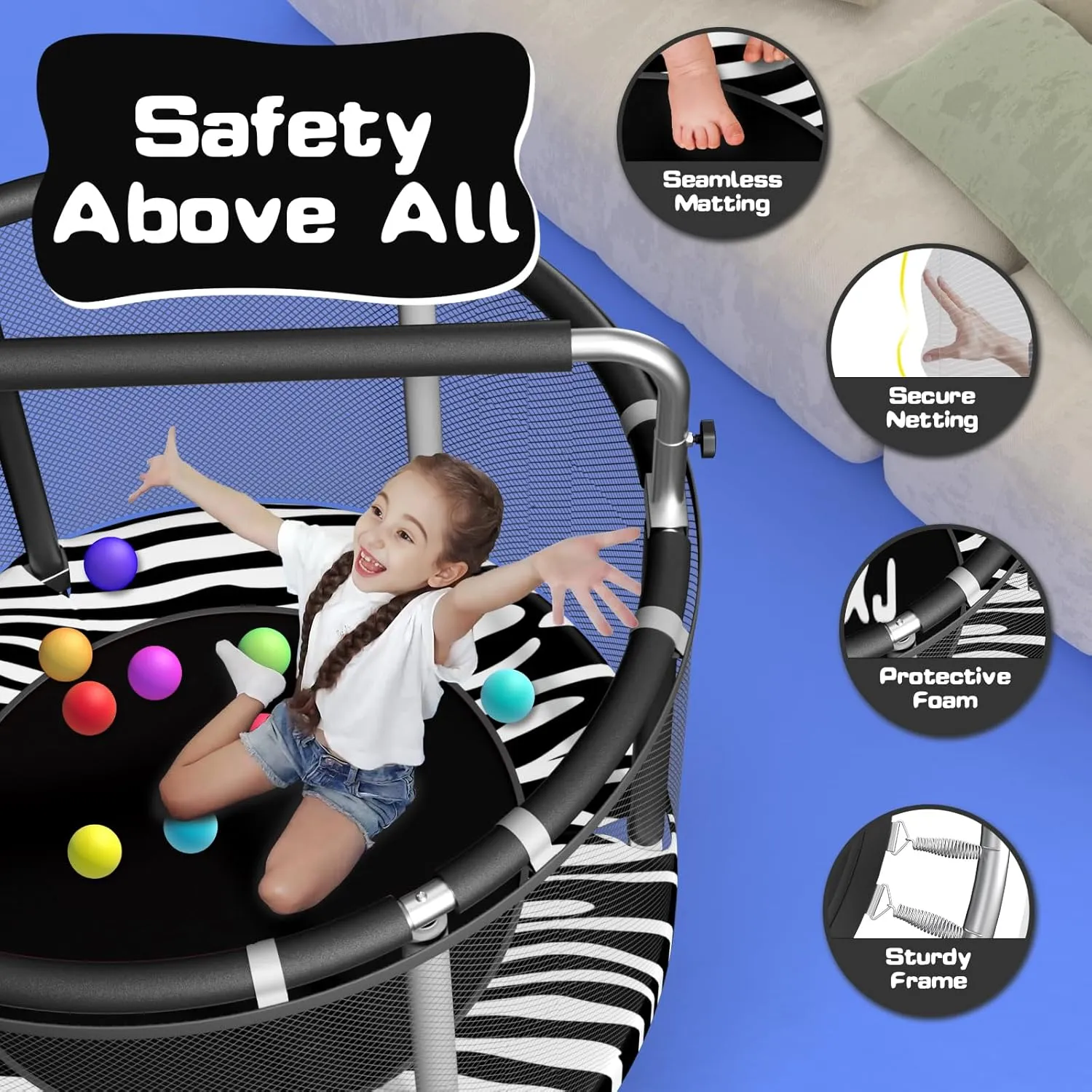 55" Trampoline for Kids with Enclosure, 440lbs Capacity Indoor & Outdoor Toddler Trampoline with Adjustable Gymnastics Bar & Toys, for Boys & Girls