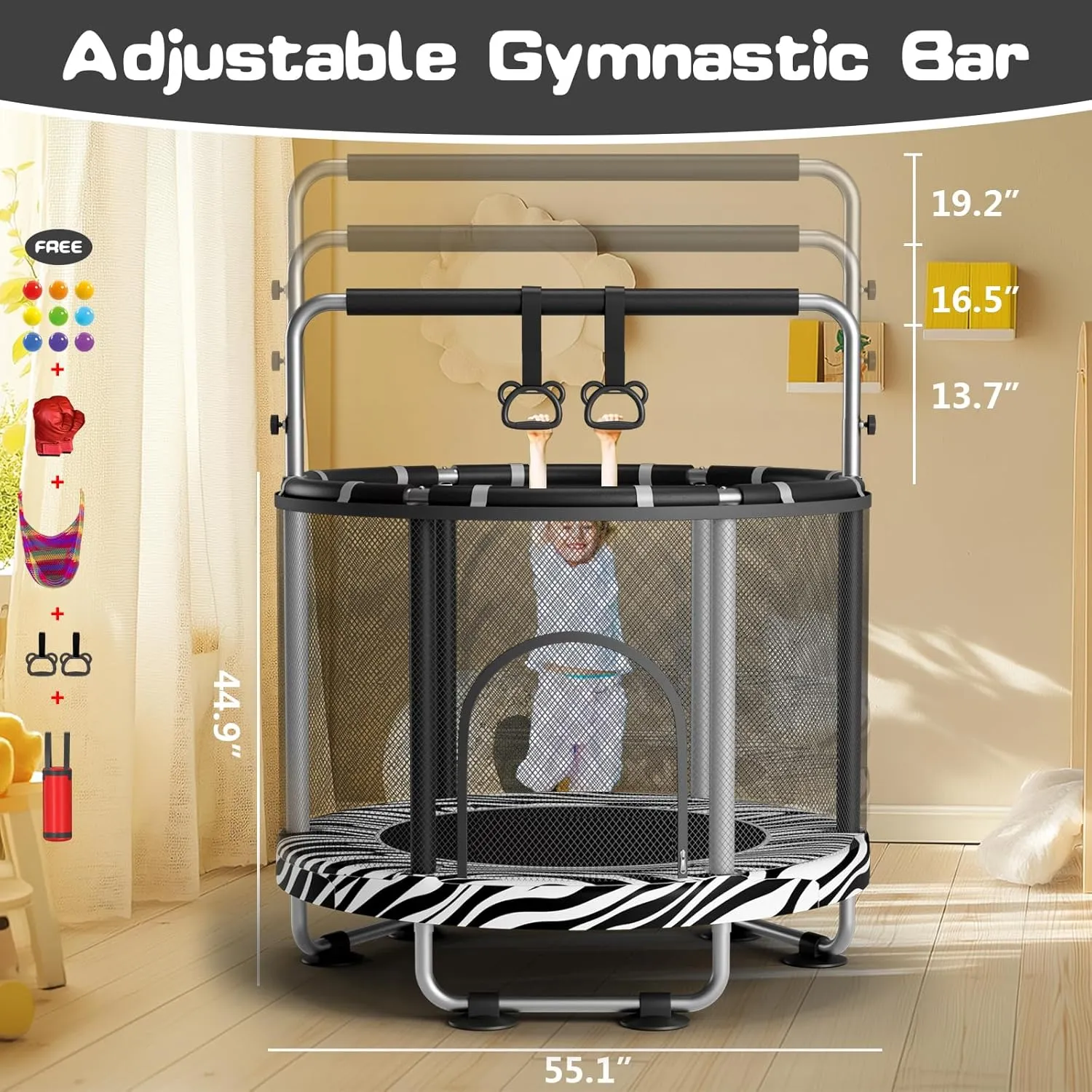 55" Trampoline for Kids with Enclosure, 440lbs Capacity Indoor & Outdoor Toddler Trampoline with Adjustable Gymnastics Bar & Toys, for Boys & Girls