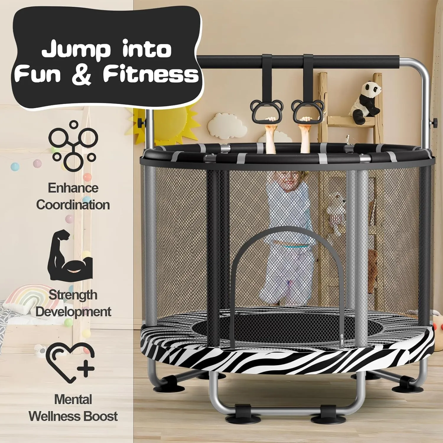 55" Trampoline for Kids with Enclosure, 440lbs Capacity Indoor & Outdoor Toddler Trampoline with Adjustable Gymnastics Bar & Toys, for Boys & Girls