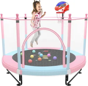5FT Trampoline for Kids Toddler Indoor Trampoline with Safety Enclosure Net, Mini Basketball Hoop, Jumping Mat for Home Entertainment Equipment Outdoor Backyard Games