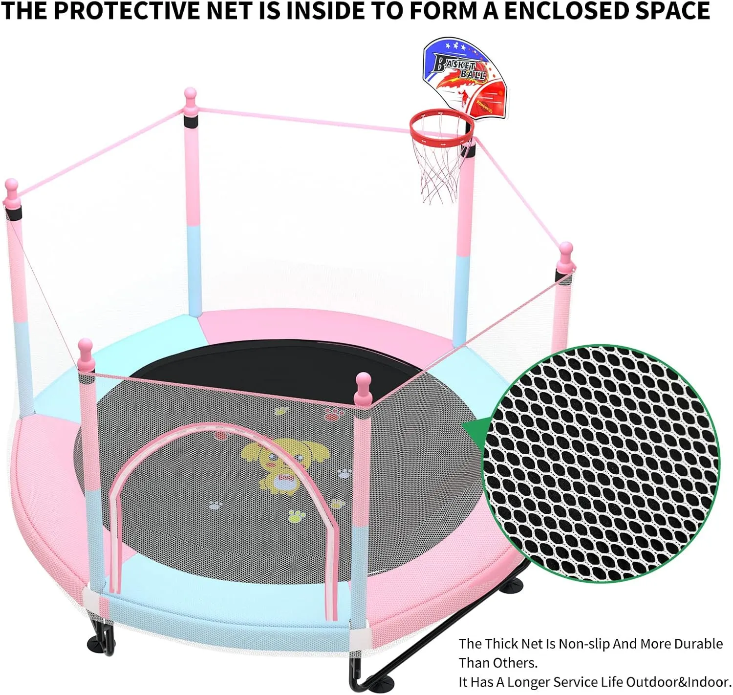 5FT Trampoline for Kids Toddler Indoor Trampoline with Safety Enclosure Net, Mini Basketball Hoop, Jumping Mat for Home Entertainment Equipment Outdoor Backyard Games
