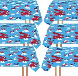 6 Pack Airplane Party Tablecloth Decorations, Plane Plastic Table Covers, Helicopter Blue Sky Table Cloth for Aviation Theme Boys Baby Shower 1st 2nd 3rd 4th Birthday Party Supplies, 54'' x 108''