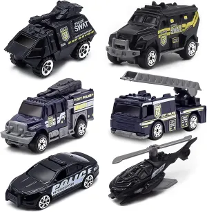 6 Pack Diecast Police Car Toy Set, Mini Alloy Models Police Car Toys for Boys 3-5 6 7, Armored Vehicle, Bulletproof Car, Rescue Truck, Military Helicopter, Armed Car Police Toys Kids Birthday Gift