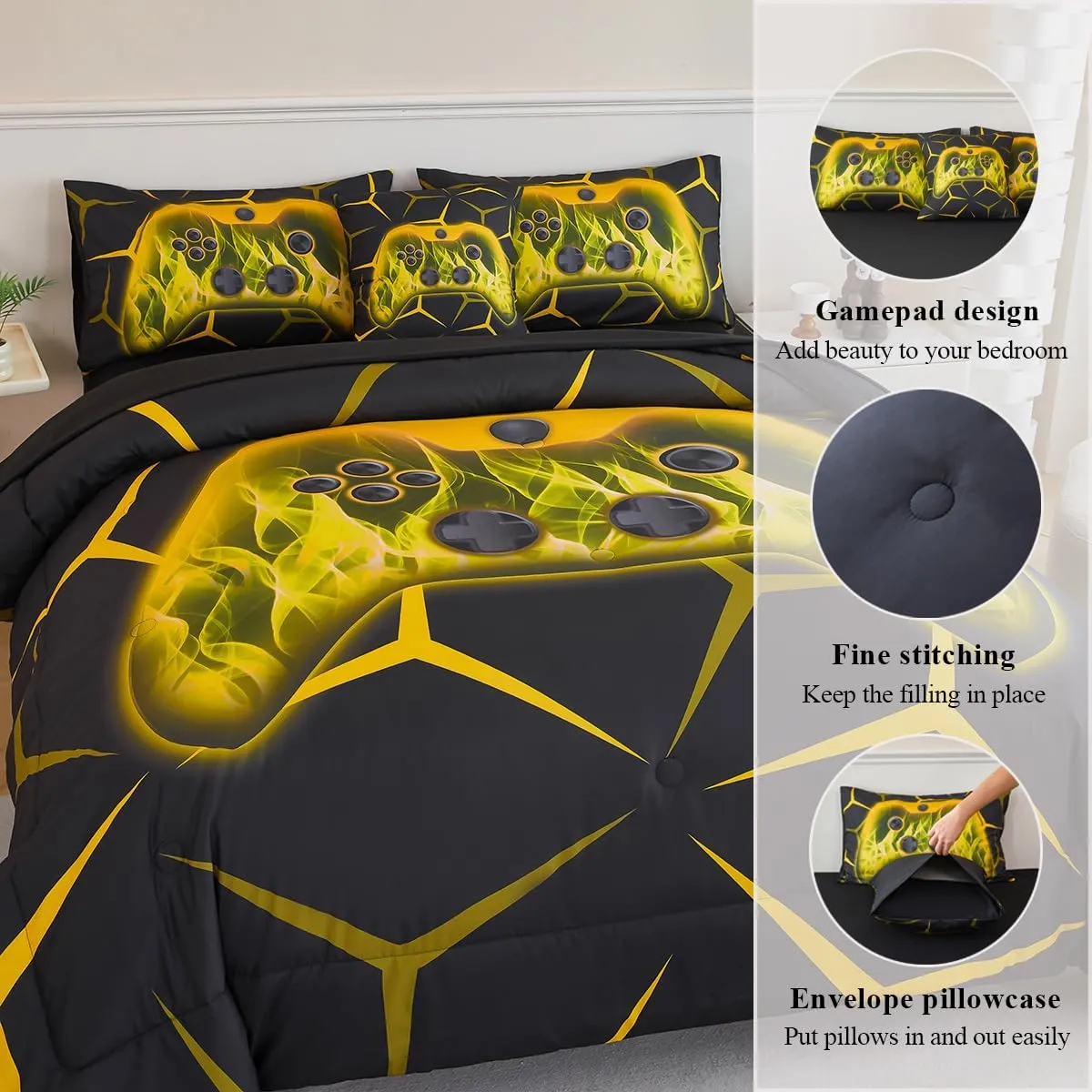 6 Pieces Kids Comforter Set with Sheets Gamer Queen Bed Bedding Set Teens Black Geometric Bed in A Bag Warm Fluffy Yellow Gaming Bed Set for Boys Home Decor(Yellow, Queen)