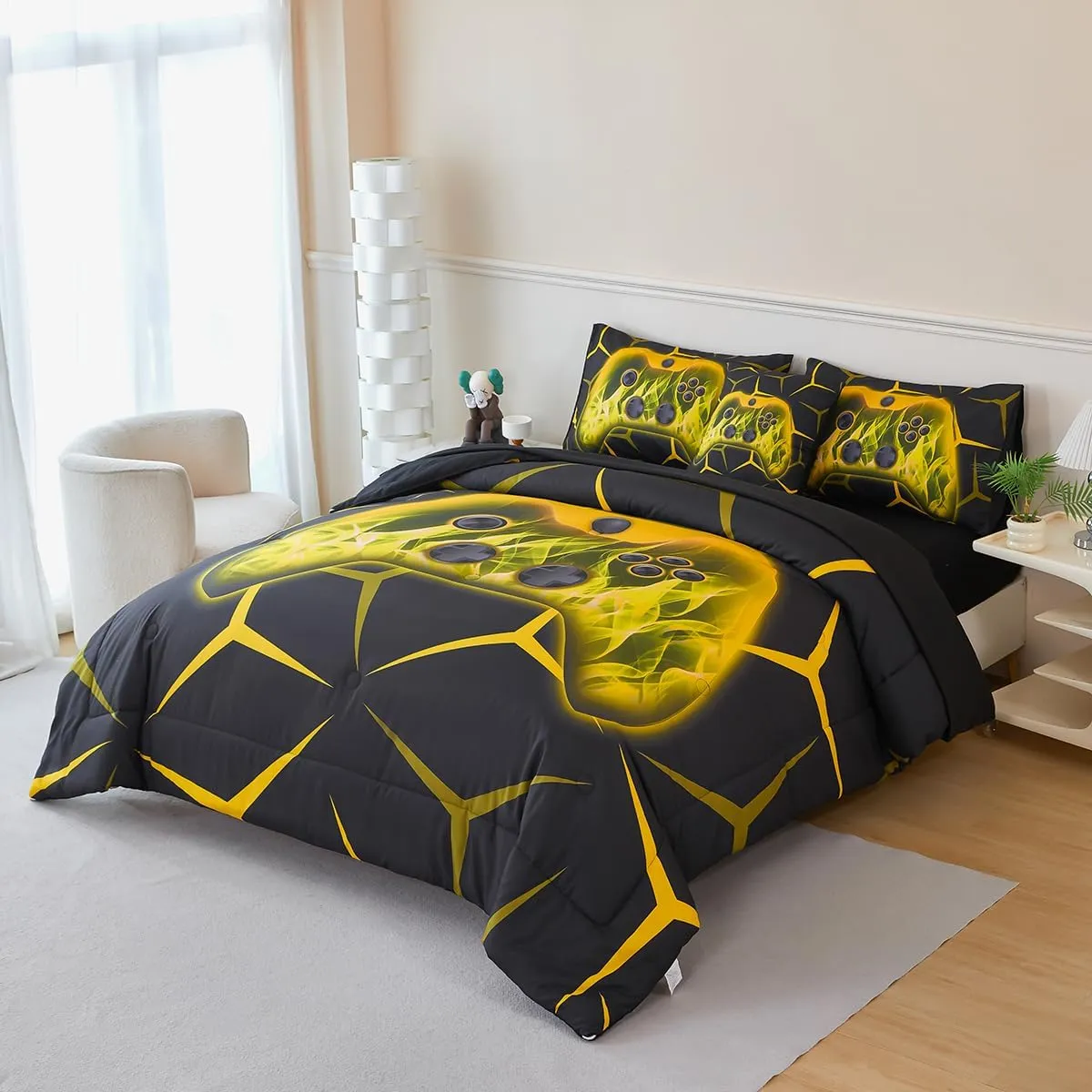 6 Pieces Kids Comforter Set with Sheets Gamer Queen Bed Bedding Set Teens Black Geometric Bed in A Bag Warm Fluffy Yellow Gaming Bed Set for Boys Home Decor(Yellow, Queen)