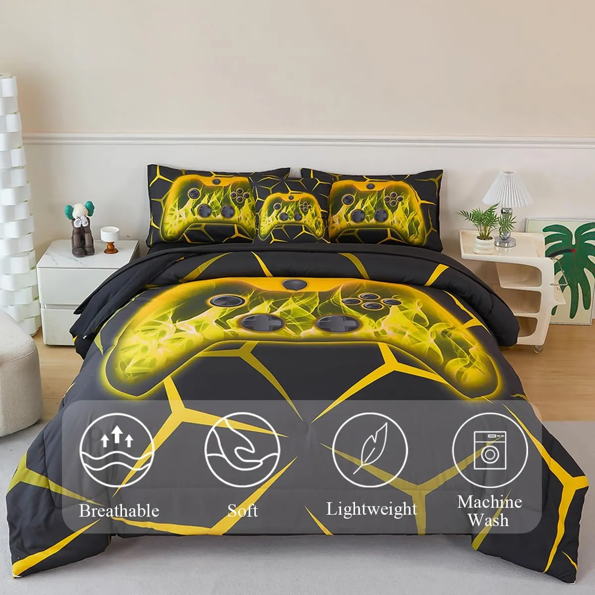 6 Pieces Kids Comforter Set with Sheets Gamer Queen Bed Bedding Set Teens Black Geometric Bed in A Bag Warm Fluffy Yellow Gaming Bed Set for Boys Home Decor(Yellow, Queen)