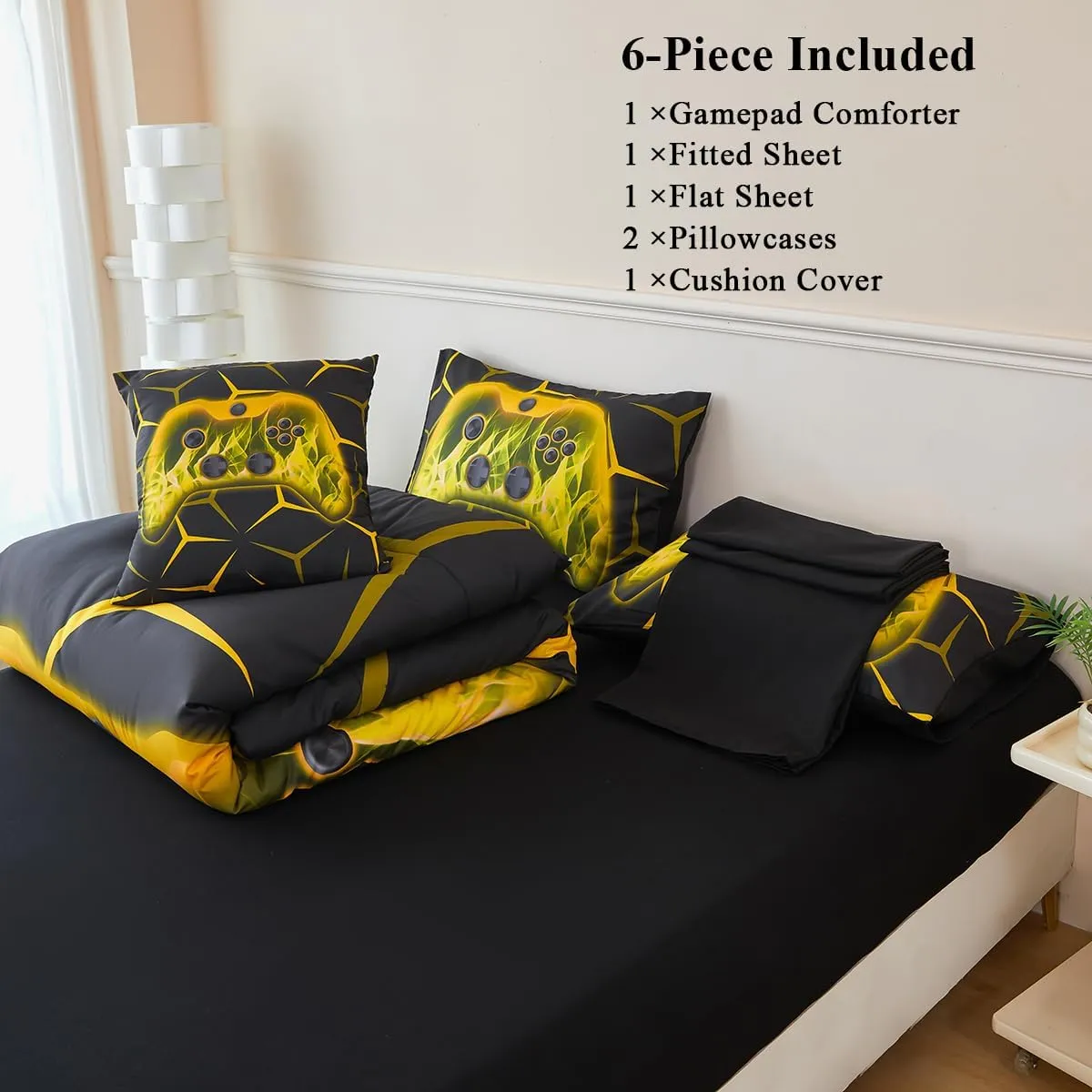 6 Pieces Kids Comforter Set with Sheets Gamer Queen Bed Bedding Set Teens Black Geometric Bed in A Bag Warm Fluffy Yellow Gaming Bed Set for Boys Home Decor(Yellow, Queen)
